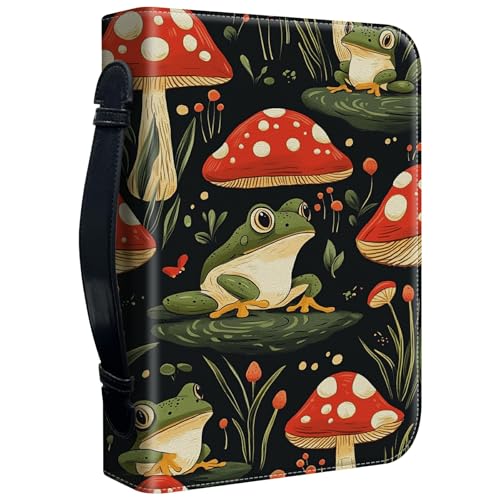 Bible Cover Case for Women, PU Leather Large Bible Cases with Zipper Fits Books Up to 12" x 9" x 2.76”, Bible Carrying Bag for Men, Frogs Mushroom - color: Frogs Mushroom