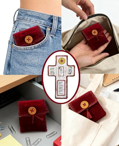 Onism Spanish Pocket Prayer Quilt with Cross, Catholic Gift, 3 Pack Red | Embroidered verses, Sacred Heart and saint medals, velvet fold-up pouch, sympathy and get well comfort for women - color: 3pcs Red – Small (No Pocket)