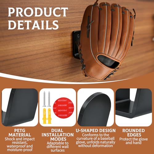 4 Pack Baseball Glove Stand, Softball Glove Display Rack - 2-in-1 Drill or No-Drill Wall Mount, Preserves Shape, U-Shaped Glove Holder for Garage, Locker Room, Entryway & Man Cave Storage