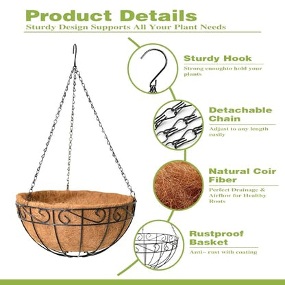 4 Pack 12 Inch Hanging Baskets for Plants Outdoor Metal Hanging Planter Hanging Flower Baskets with Coco Fiber Liners Chain Round Wire Plant Holder Flower Pots(Plaid) - size: 12 Inch, style: Plaid