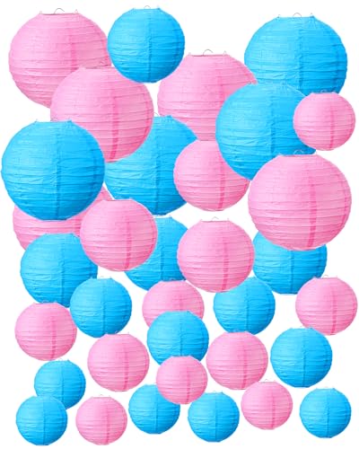 Treela 48 Pcs Paper Lanterns Party Decorations Chinese Lanterns Round Paper Decor 4/6/8/10 Inch Asian Hanging Lamps Decorative for Graduate Wedding Birthday Bridal Party Supplies(Pink and Blue) - color: Pink and Blue