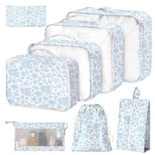 8 Set Packing Cubes for Suitcases,Packing Cube with Shoe, Cosmetics, Clothing, and Accessories Bags Packing Cubes for Travel Luggage Organizer Women Men(Blue Flowers) - color: Blue Flowers