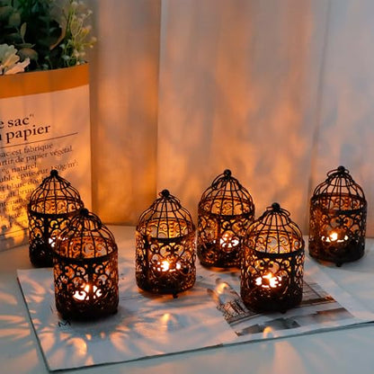 JHY DESIGN 6 Pcs 5.5 inch Height Small Metal Candle Stick Holder Hanging Birdcage Tealight Lantern Hollow Candle Holders for Table Valentine Patio Indoor Outdoor Gifts(Black)
