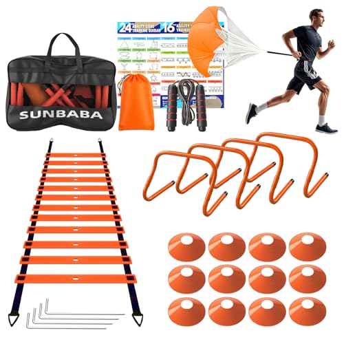 Sunbaba Agility Ladder Speed Training Equipment Set with 20ft Agility Ladder,4 Hurdles,12 Cones,Jump Rope,Running Parachute-Ideal Training Equipment for Youth Adults in Soccer Football Basketball