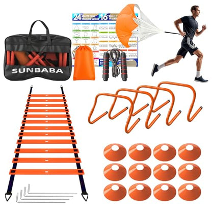 Sunbaba Agility Ladder Speed Training Equipment Set with 20ft Agility Ladder,4 Hurdles,12 Cones,Jump Rope,Running Parachute-Ideal Training Equipment for Youth Adults in Soccer Football Basketball