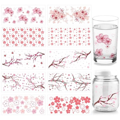 arricraft 10 Sheets Cherry Blossoms UV DTF Wraps for 16OZ Glass, Flowers Butterflies Branchs Rub on Decals PVC Transfer Stickers for DIY Cups Bottles Funiture Wood Garden Crafts Women - style: Cherry Blossoms