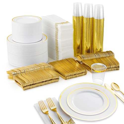 700 Piece Dinnerware Set for 100 Guests: 200 Gold-Rim Plates, 100 Silverware Sets, 100 Cups, 100 Napkins – Bulk Disposable Party Supplies for Weddings and Events
