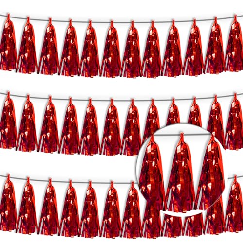 3P Red Tassel Banner Garland Metallic Foil Fringe Banner Tinsel Tassels Streamer Banner Backdrop for Parade Floats, 2025 Graduation Decorations, Wedding Party Decoration - color: Red