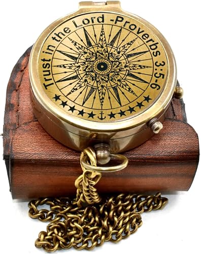 Trust in the Lord Vintage Brass Compass with Chain Leather Case Handmade Nautical Pocket Compass Engraved Inspirational Compass Gift for Men Women Adventurers Birthday Anniversary