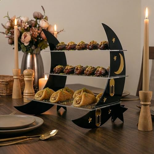 Iwa Concept 3-Tier Acrylic Ramadan Serving Tray | Crescent Moon & Star Design | Elegant Dessert & Nut Presentation Stand for Iftar and Eid Celebrations - color: Black Gold