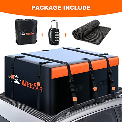 MeeFar Rooftop Cargo Carrier Car Roof Bag 21 Cubic Feet 100% Waterproof Car Top Carrier, Fits All Vehicle with/Without Rack,Include Anti-Slip Mat,10 Reinforced Straps,6 Door Hooks,Luggage Lock - size: 21 Cubic Feet