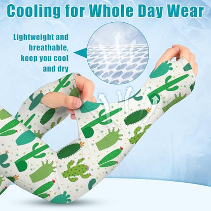 Bebila Gardening Sleeves for Women Farm UV Sun Protection Anti-Scratch Cooling Sleeves with Thumb Hole Arms Cover Outdoors - color: Green Cactus