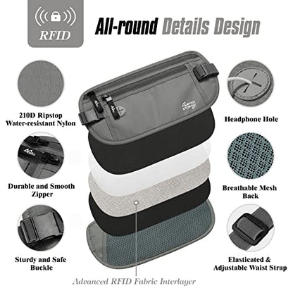 MoKo Travel Money Belt with RFID Blocking, 3 Pockets, Gray | Slim 210D water-resistant nylon design fits discreetly under clothing; adjustable strap fits 28-50 in waists - color: Gray, size: Waist for 28"-50"