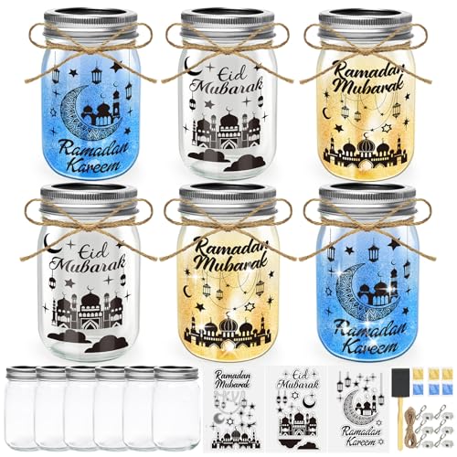 Cinrobiye 6 Set Ramadan Party Craft Kit – DIY Eid Mason Jar Lanterns, Islamic Decorations & Favors, Classroom & Home Ramadan Art Activities, Party Supplies
