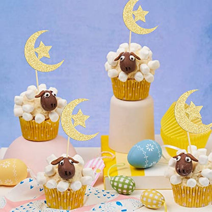 36 Pack Gold Glitter Moon and Star Eid Mubarak Cupcake Topper Ramadan Kareem Party Supplies Islamic Muslim Party Decorations - color: Gold-3