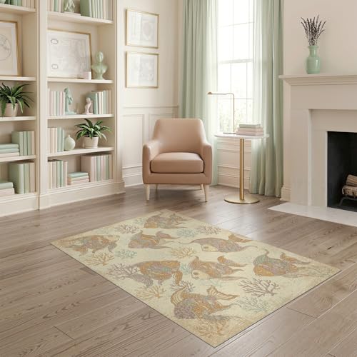 4'x6' Washable Beachy Fish Accent Rug, Teal Non-Shedding Small Carpet Pet Friendly & Non-Slip for Playroom, Bedroom, Reading Nook | Ref:1885581 - color: Beige/Pattern 44, size: 4' x 6' (Rectangular)