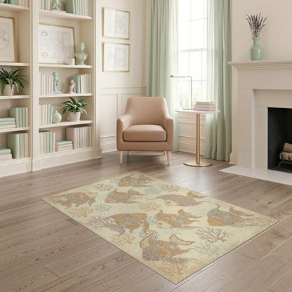 4'x6' Washable Beachy Fish Accent Rug, Teal Non-Shedding Small Carpet Pet Friendly & Non-Slip for Playroom, Bedroom, Reading Nook | Ref:1885581 - color: Beige/Pattern 44, size: 4' x 6' (Rectangular)