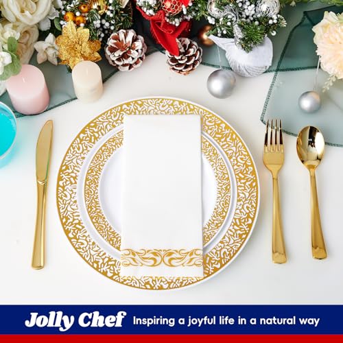 210 Count Gold Plastic Dinnerware, Gold Disposable Plates, Includes: 30 Dinner & 30 Dessert Plates & 30 Cups & 30 Paper Napkins & 30 Plastic Silverware Set -for Thanksgiving, Christmas, Parties - color: Gold