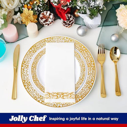 210 Count Gold Plastic Dinnerware, Gold Disposable Plates, Includes: 30 Dinner & 30 Dessert Plates & 30 Cups & 30 Paper Napkins & 30 Plastic Silverware Set -for Thanksgiving, Christmas, Parties - color: Gold