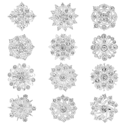 12 Pcs Crystal Rhinestone Flower Brooch Pins Set, Silver Brooch Pins for Women Alloy Wedding Bouquet Brooches for Women Fashion Crafts Embellishment Bridal Wedding Bouquet Kit