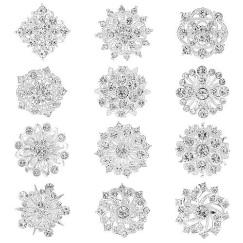 12 Pcs Crystal Rhinestone Flower Brooch Pins Set, Silver Brooch Pins for Women Alloy Wedding Bouquet Brooches for Women Fashion Crafts Embellishment Bridal Wedding Bouquet Kit