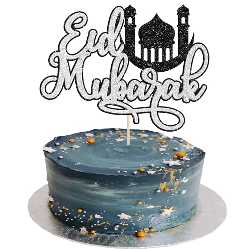Ephlyn 1Pcs Eid Mubarak Cake Topper Glitter Moon Star Ramadan Kareem Eid Cake Decoration for Islamic Muslim Theme Party Decorations Supplies Silver - color: Silver-8