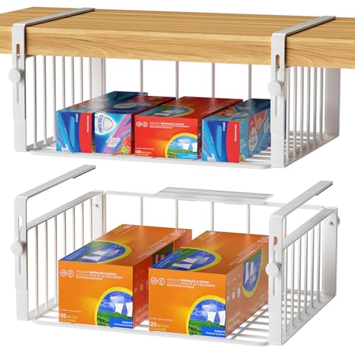 AmonHouseware 2Pack Under Shelf Storage Basket Organizer, White | Adjustable Hanging,Under Cabinet Add-on, Slide-in Baskets, for Laundry Room Kitchen Pantry Desk Bookshelf Counter Cupboard - color: White