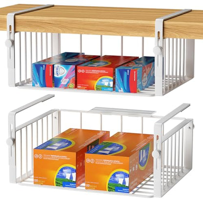 AmonHouseware 2Pack Under Shelf Storage Basket Organizer, White | Adjustable Hanging,Under Cabinet Add-on, Slide-in Baskets, for Laundry Room Kitchen Pantry Desk Bookshelf Counter Cupboard - color: White
