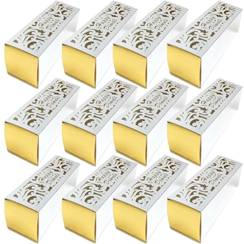 KYMY Diwali Party Favor Boxes, 12pcs Happy Deepavali Rangoli Silver Color Cardboard Gift Tote Boxes, Festival of Lights Candy Goodie Treat Boxes for Indian Hindu Holiday Party Decorations Supplies - color: Silver