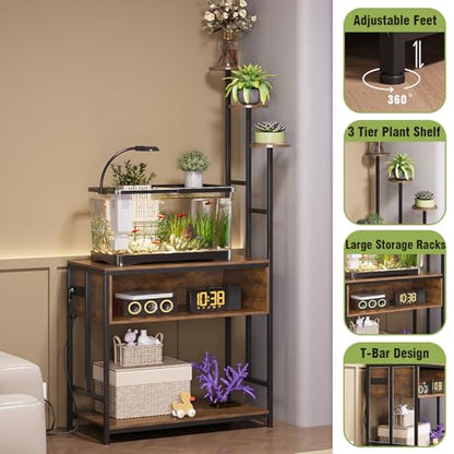 Aquarium Stand with Plant Shelves,20-Gallon Fish Tank Stand with 2-Tier Storage and Display Racks,Metal Frame Reptile Tank Table with Tall Plant Holders,Industrial Rack for Home,Office