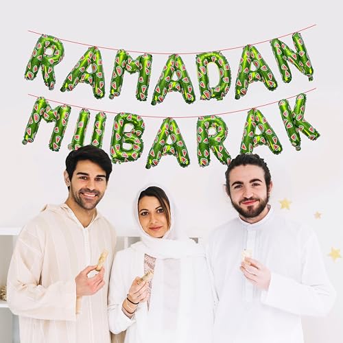 Ramadan Mubarak Watermelon Foil Letter Balloons Hanging Decoration (Green Color) - style: Ramadan Foil Balloons (Green)
