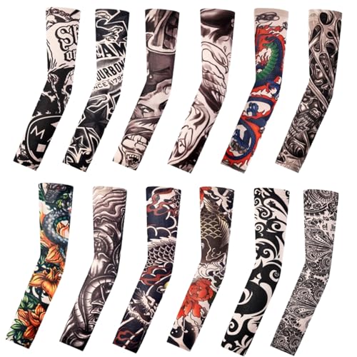 Tattoo Sleeves for Men Women Sun Protection UV Compression Arm Sleeves Breathable Skin Cover for Outdoor Sports - color: 007-12pc