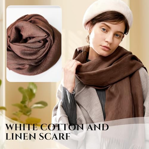 Extra Large Cotton Linen Shawl Wrap for Women, Elegant Scarf with UV Protection Breathable Lightweight Head Cover Hijab - color: Coffee Brown