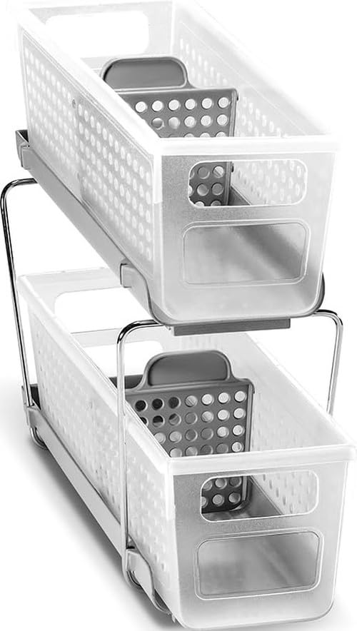 madesmart Compact Two Tier Organizer, Frost | pull out bins, adjustable dividers, tiered access, cleaning supplies, under sink use, pantry bottles, woman owned