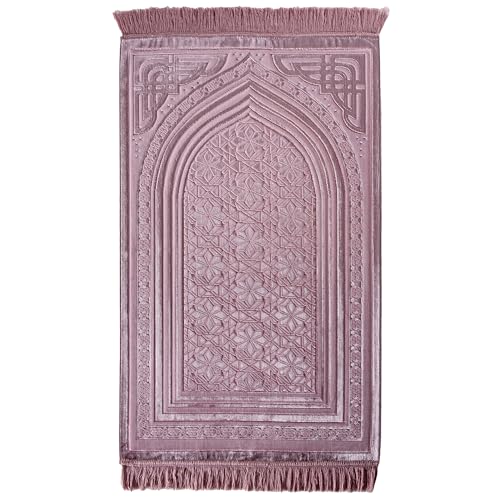 Modefa Luxury Velvet Prayer Rug with Prayer Beads | Soft Elegant Muslim Turkish Janamaz Sajada Carpet for Men and Women | Plain Solid Prayer Mat Ramadan Eid Gift - Najma (Dark Pink) - color: Najma Dark Pink