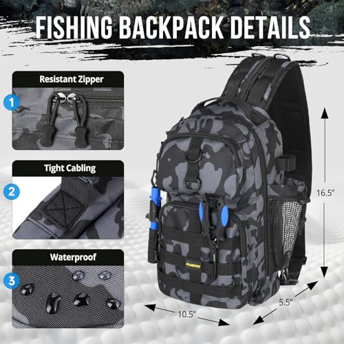 PLUSINNO Fishing Backpack with Tackle Boxes, Waterproof Fishing Sling Tackle Bag For Fishing Gear With Rod Holder, Fishing Gifts for Men With Fishing lures, Fishing pliers. - color: Black Fishing Backpack With Fishing Tools