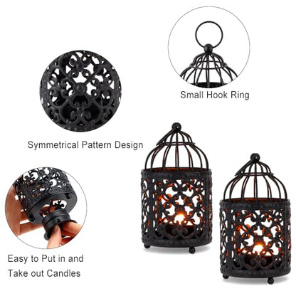 JHY DESIGN 6 Pcs 5.5 inch Height Small Metal Candle Stick Holder Hanging Birdcage Tealight Lantern Hollow Candle Holders for Table Valentine Patio Indoor Outdoor Gifts(Black)
