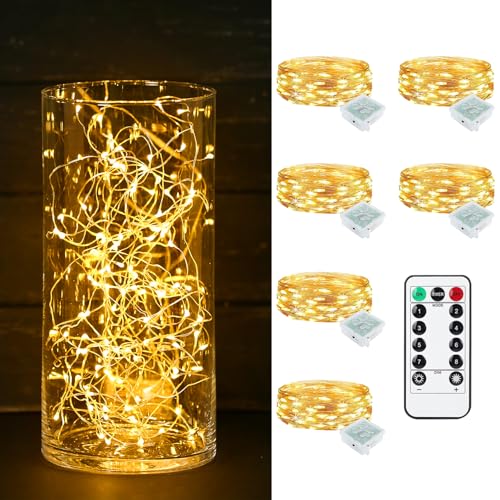 6 Pack Fairy Lights Battery Operated with Remote Timer 8 Lighting Modes,7ft 20 LED Waterproof Mini String Lights for Halloween Christmas Table Centerpieces Bedroom Decorations,Warm White - color: Warm White, size: 6