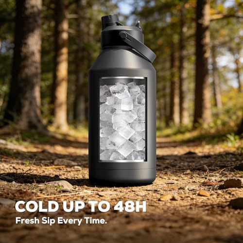 POWCAN 64 oz Insulated Water Bottle for Sports: 2-in-1 Straw & Spout Lid, Leakproof, Carrier Bag, Shoulder Strap, Keep Cold 48H, BPA-Free, Half Gallon Metal Water Jug for Gym, Travel, Gift (Midnight) - color: Midnight