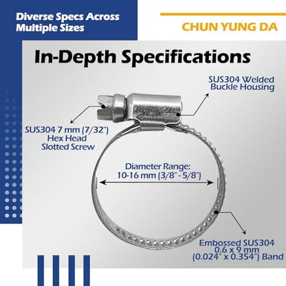 10 Pack SAE Size 4 Stainless Steel Hose Clamps, German Style Embossed Worm Gear Clamp, Adjustable 3/8 to 5/8 inch (10-16mm) for Automotive Heater Hose - size: 3/8 to 5/8 inch (10 Pack)