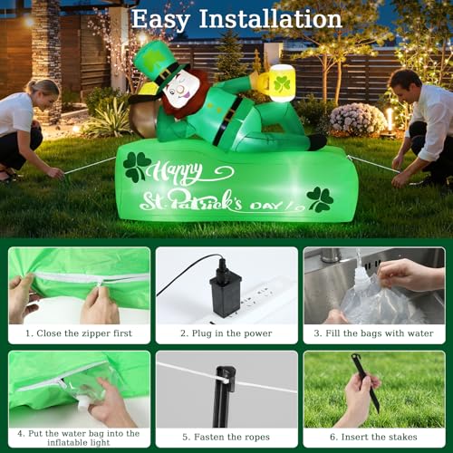 Lewondr 5.9FT St Patricks Day Inflatable Outdoor Decorations, Inflatable Leprechaun Lay on the Bed with Shamrocks, Blow up Yard Decoration with 6 Build-in Lights for Holiday Party Yard Lawn Garden - style: Leprechaun