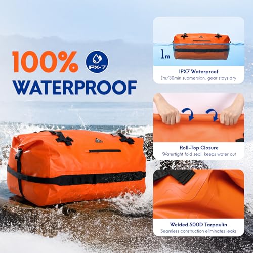 Haimont IPX7 Waterproof Roll-Top Dry Duffel Backpack | 60L/90L Sizes, 500D Tarpaulin, Welded Seams, Mesh Pockets, Boating & Kayaking - color: Orange, size: 90L