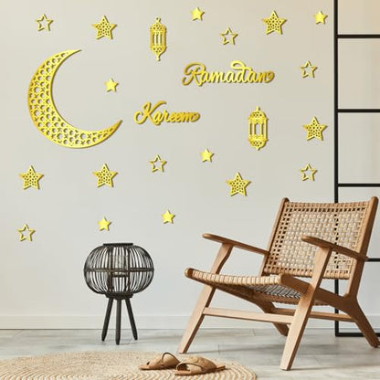 Geelin 23 Pcs Ramadan Decorations for Home 2026 Eid Ramadan Kareem Mubarak Wall Decor Islamic Wooden Gold Moon Star Lantern Wall Art Sign for Living Room Bedroom Muslim Arabic Party Supplies(Kareem) - style: Kareem