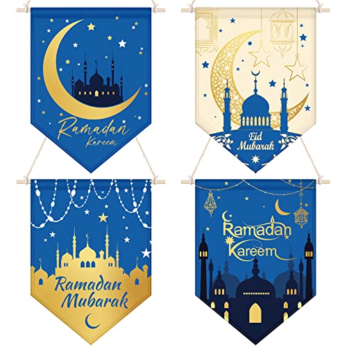Rtteri 4 Pcs Blue Ramadan Decoration Eid Mubarak Door Hanging Banner Ramadan Kareem Decor Sign 15 x 11 Inch Eid Mubarak Welcome Door Sign for Party Home Front Doors Wall Decoration Supplies