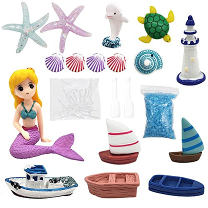 21 Pieces Miniature Garden Accessories, Blue Sand and Miniature Mermaid Dolphin Boat Steamship Figurines Decorations, Micro Beach Ocean Seaside Scene DIY Decor Kit
