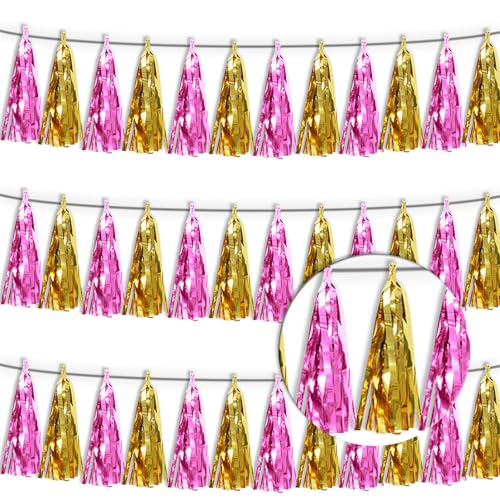 3P Gold Pink Tassel Banner Garland Metallic Foil Fringe Banner Tinsel Tassels Streamer Banner Backdrop for Parade Floats, Graduation, Wedding, Bachelorette, Birthday, Retirement Party Decorations - color: Gold Pink