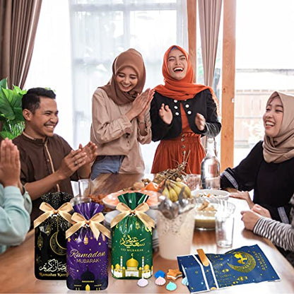 Funrous 40 Pcs Eid Mubarak Gift Bags Plastic Treat Bags Ramadan Theme Clear Printed Drawstring Bags Eid Candy Goodie Bags Castle Moon Star Snack Wrap Bags for Party Decorations Favors, 4 Designs