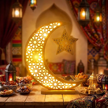 Cinnvoice Ramadan Decorations Moon Ramadan Lights for Table Home 2026, Crescent Lunar Moon Lamp for Eid Mubarak Decor Eid Ul Fitr Lamp Gifts Bedroom Livingroom(Wooden,Classic Style) - style: Classic Style