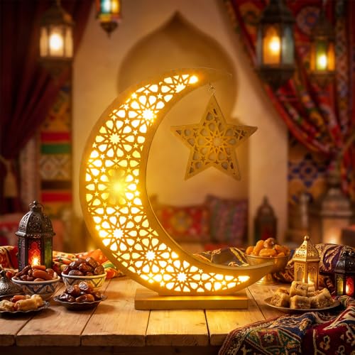 Cinnvoice Ramadan Decorations Moon Ramadan Lights for Table Home 2026, Crescent Lunar Moon Lamp for Eid Mubarak Decor Eid Ul Fitr Lamp Gifts Bedroom Livingroom(Wooden,Classic Style) - style: Classic Style