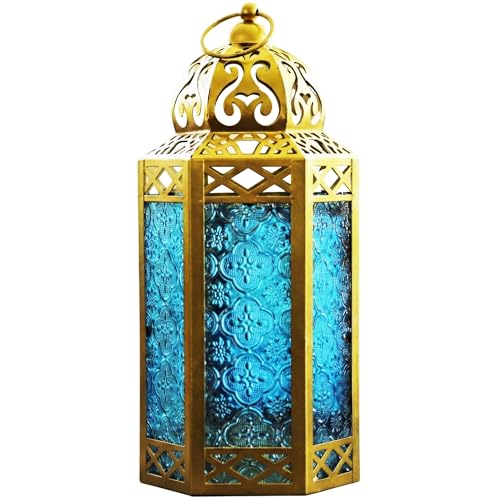 Vela Lanterns 12" Metal Moroccan Decorative Candle Lantern Holders for Hanging or Table, Indoor Home Decor, Outdoor Patio or Porch, Weddings, Gold, Blue Glass, Large - color: Gold/Blue, size: Large